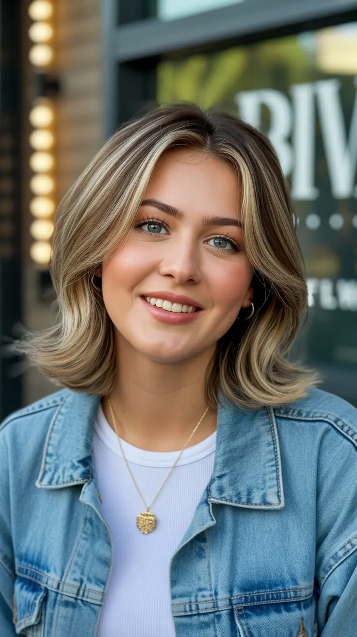 Flattering hairstyles for fat face 2026 Chin-Length Flip Bob With Bright Money Pieces