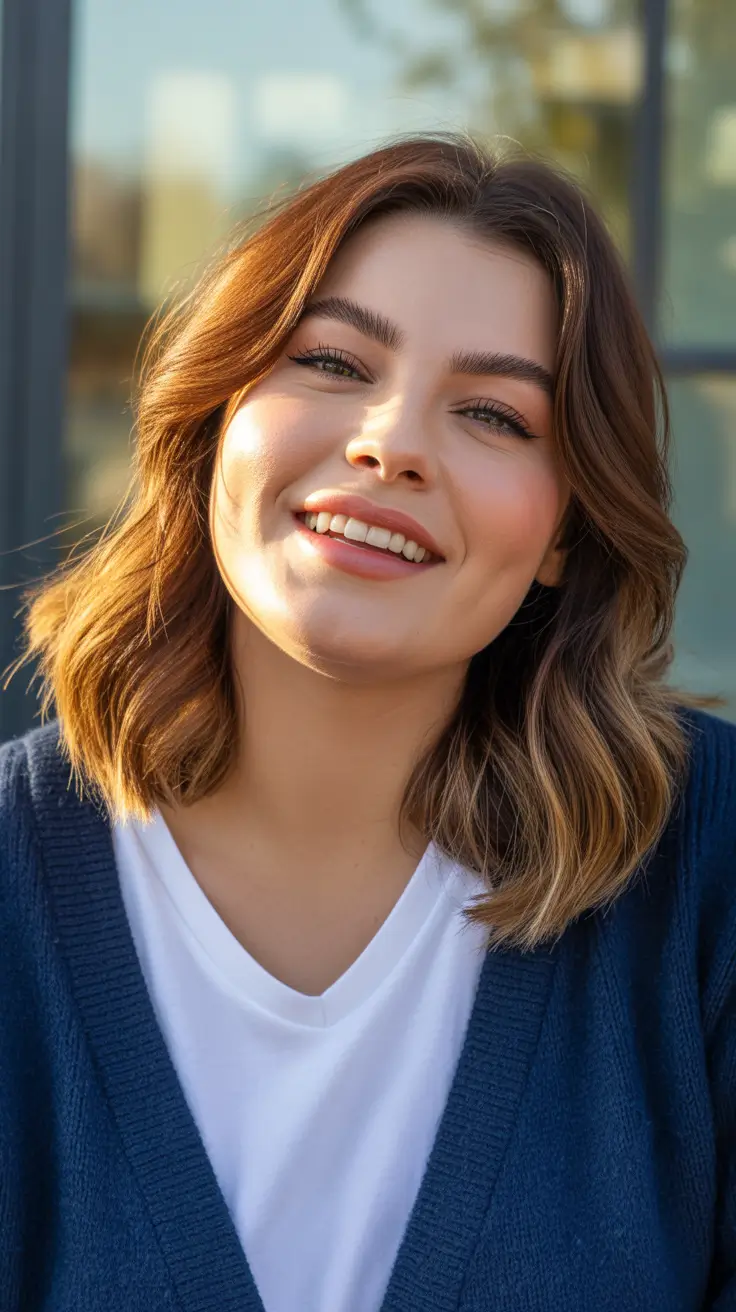 Flattering hairstyles for fat face 2026 Warm Balayage Waves With Effortless Volume