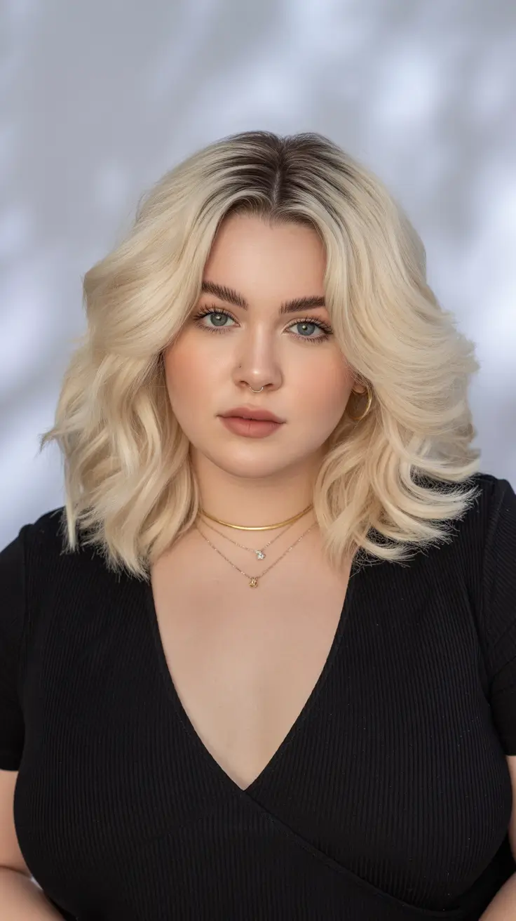 Flattering hairstyles for fat face 2026 Soft Platinum Shoulder-Length Waves With Airy Body