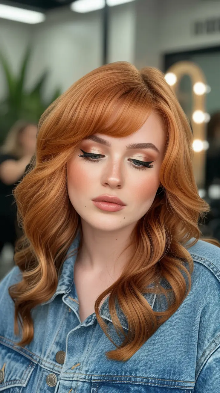 Flattering hairstyles for fat face 2026 Romantic Copper Waves With Soft Bangs