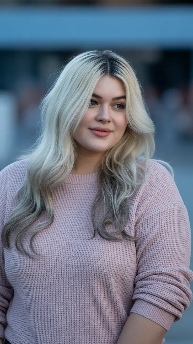 Flattering hairstyles for fat face 2026 Long Platinum Waves With Blended Root Shadow