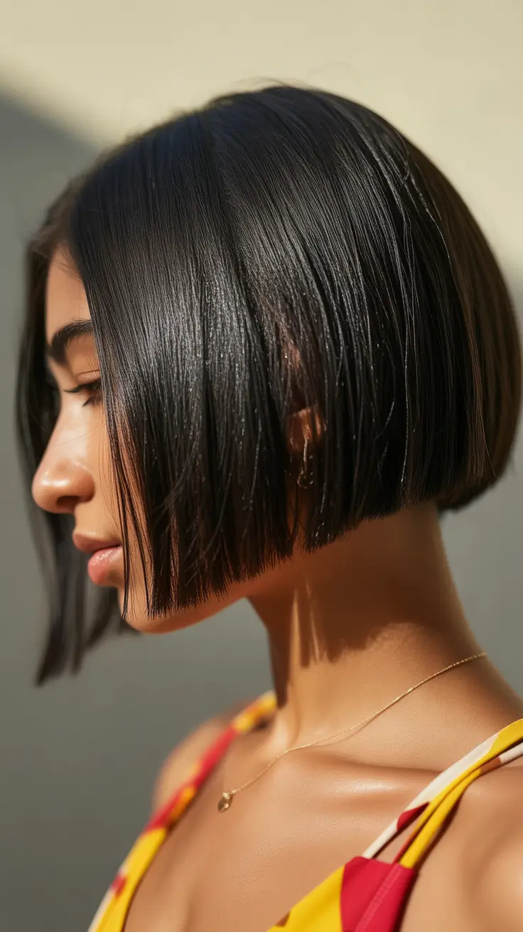 Modern choppy bob cuts 2026 Precision Gloss Black Bob With Sharp Contour