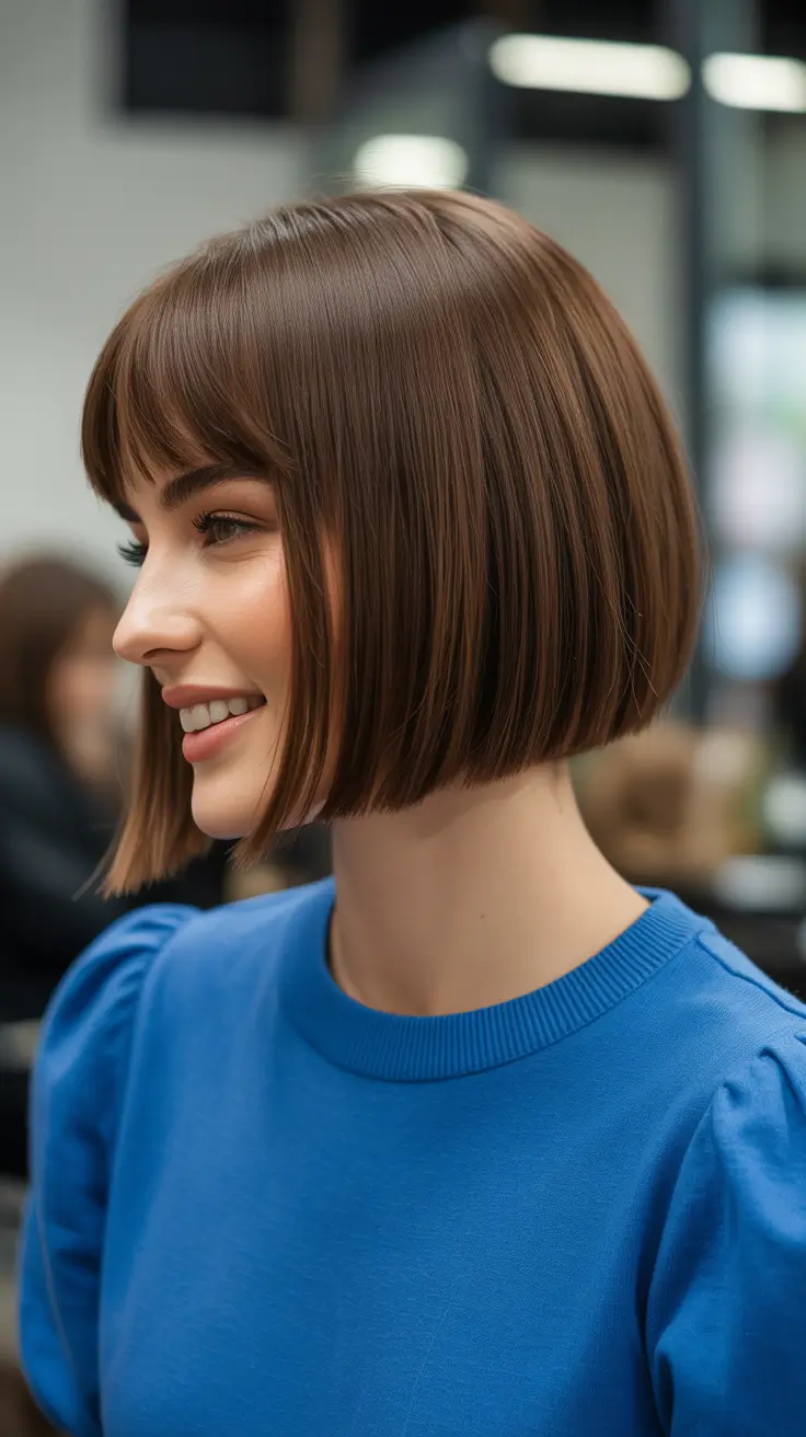 Modern choppy bob cuts 2026 Warm Chestnut Bob With Classic Baby Bangs