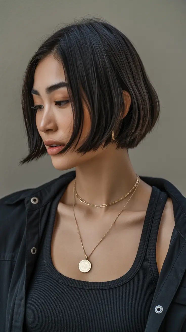 Modern choppy bob cuts 2026 Textured Jet Black Bob With Soft Face Framing