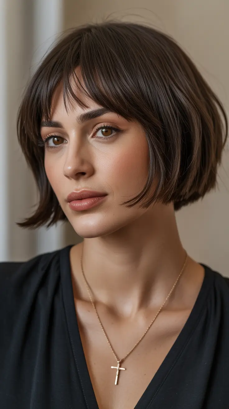 Modern choppy bob cuts 2026 Soft Brunette Bob With Wispy Contoured Bangs