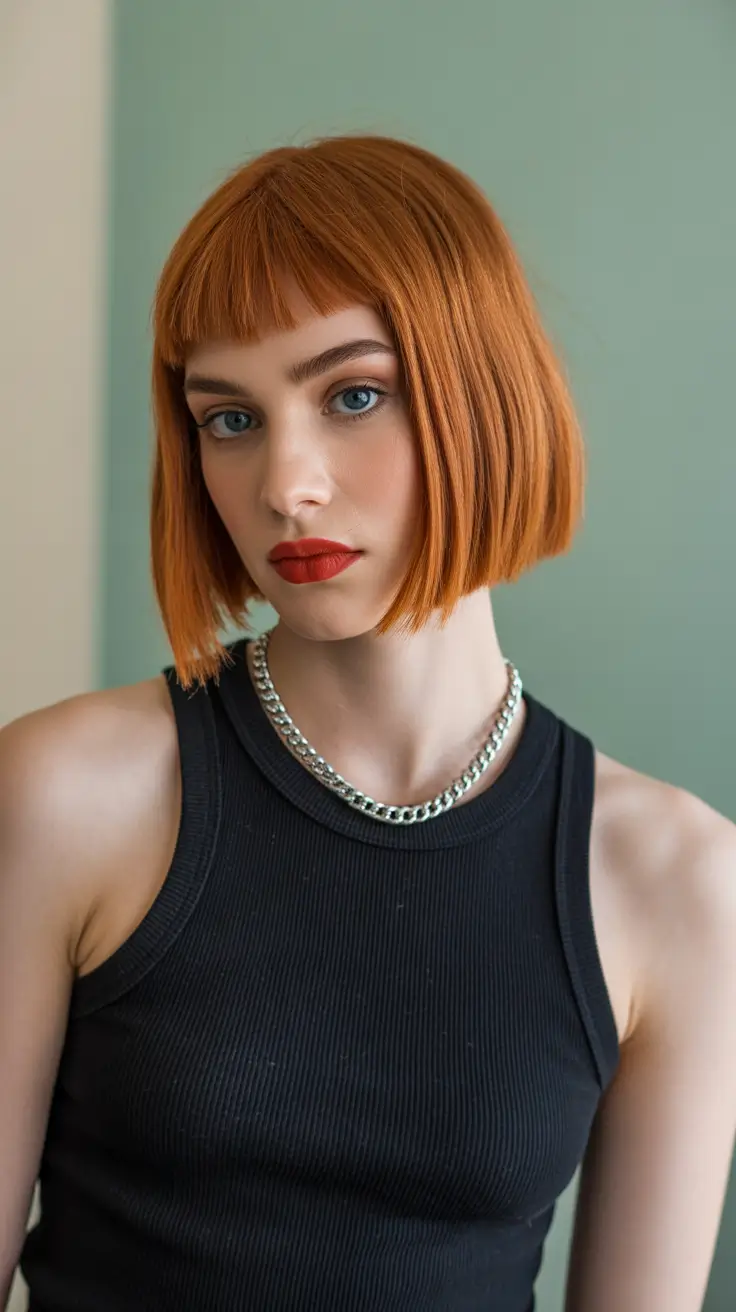 Modern choppy bob cuts 2026 Vibrant Copper Bob With Blunt Baby Bangs