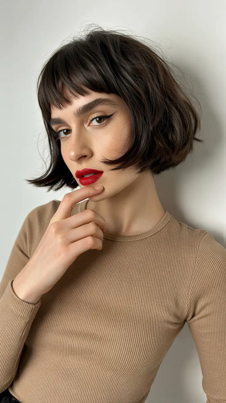 Modern choppy bob cuts 2026 Textured Espresso Bob With Airy French Bangs