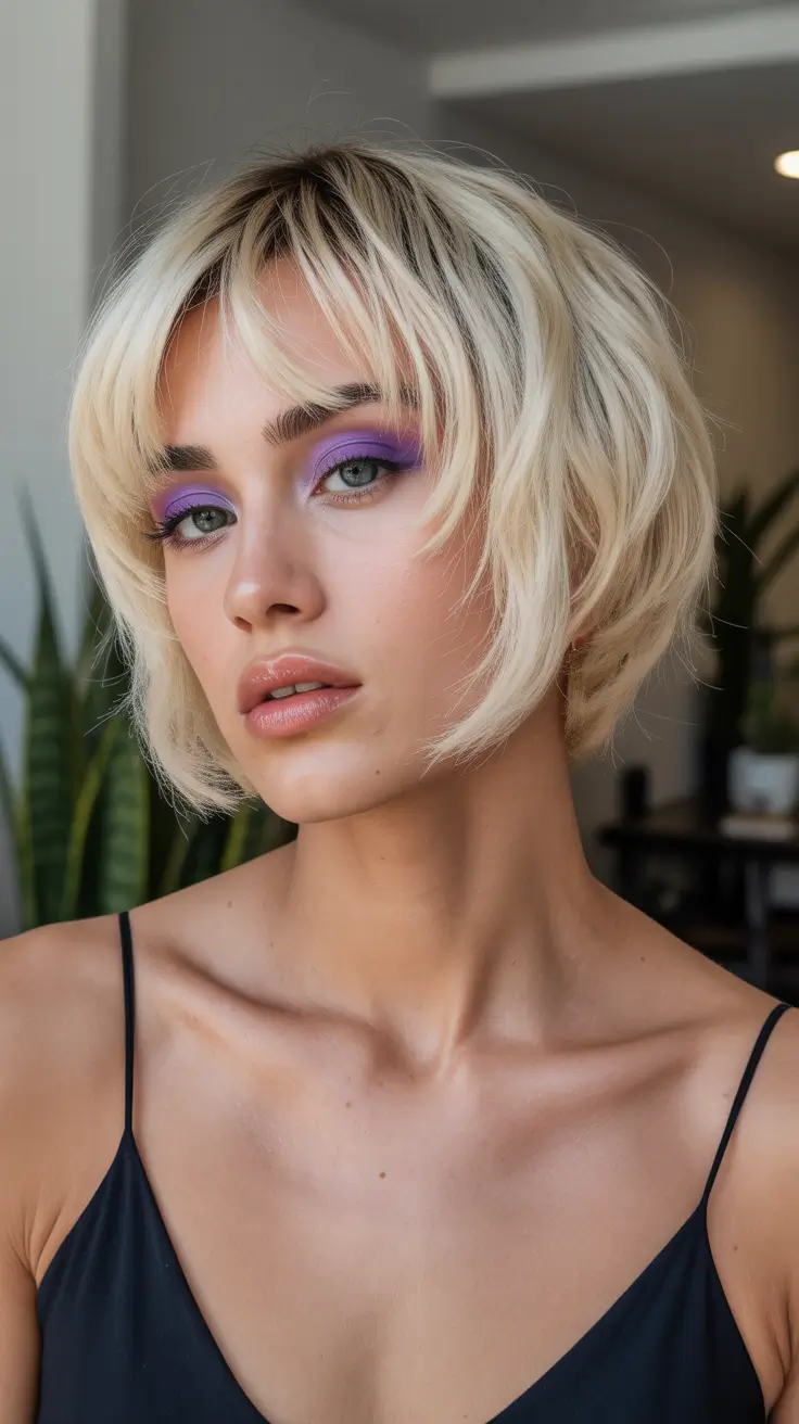 Modern choppy bob cuts 2026 Feathered Platinum Bob With Soft Curtain Bangs