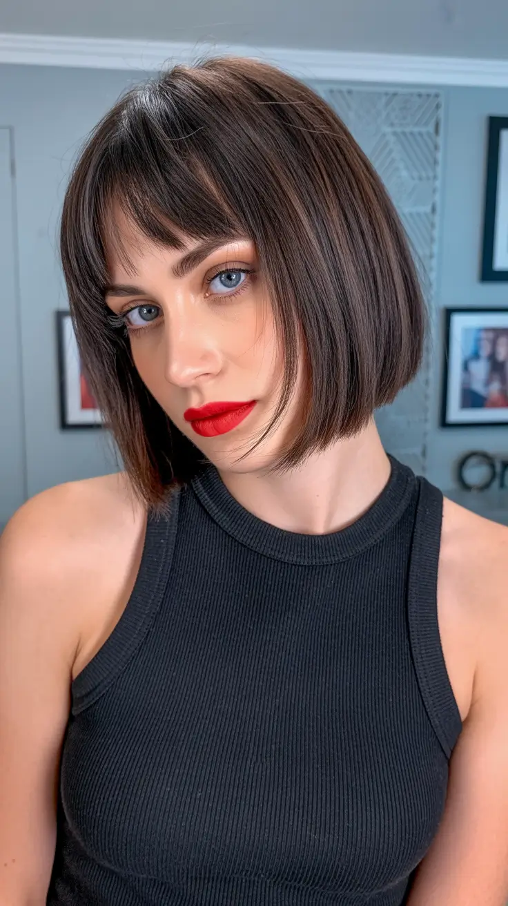 Modern choppy bob cuts 2026 Classic Brunette Bob With Micro Fringe