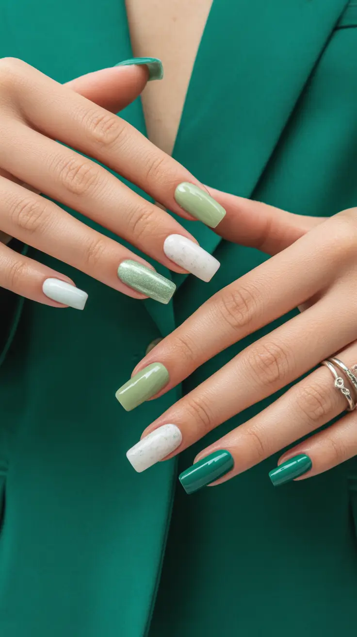 modern nail design 2026 Layered Greens With Fresh Spring Energy