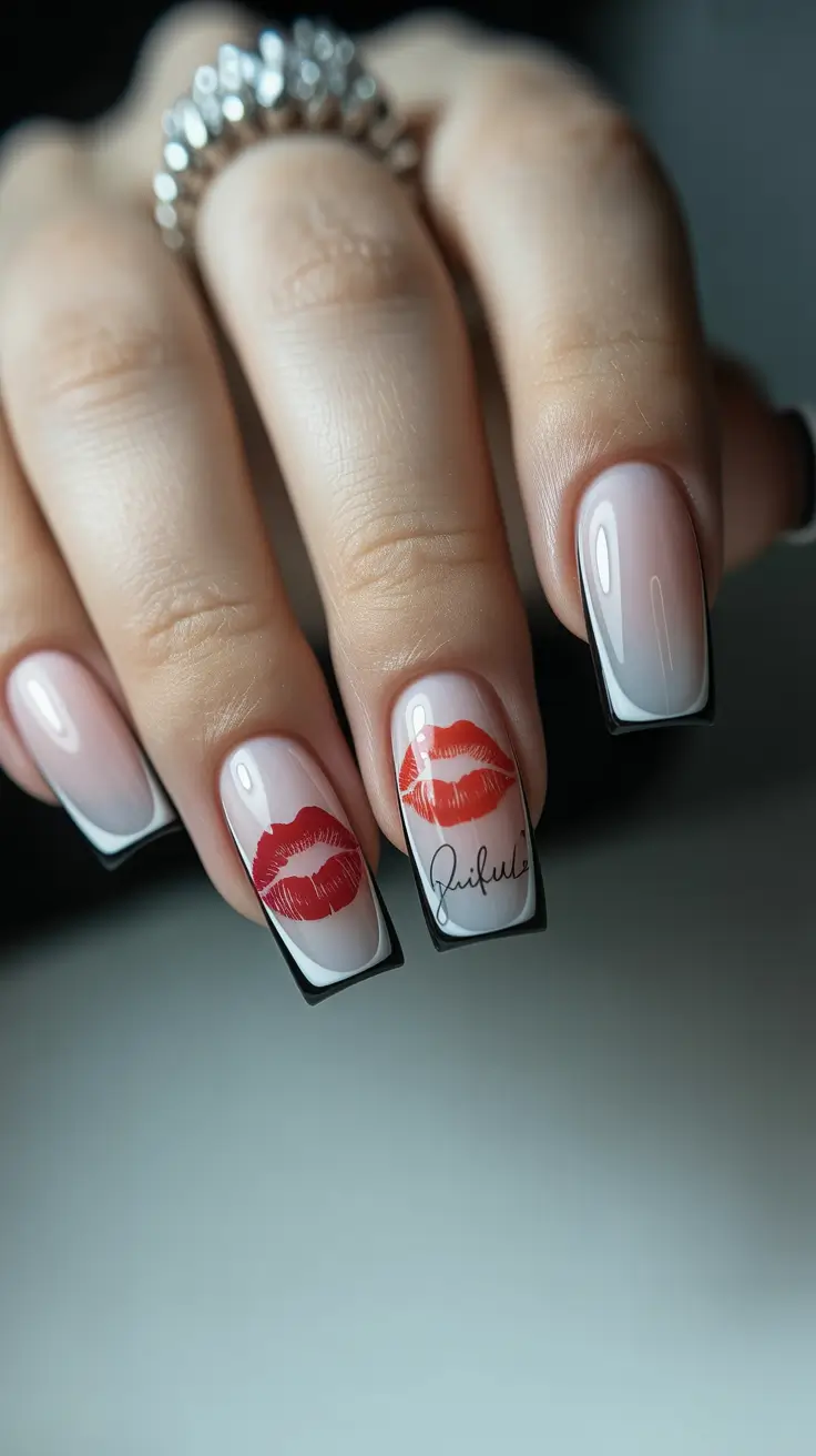 modern nail design 2026 Playful Black French Edges with Bold Lip Art