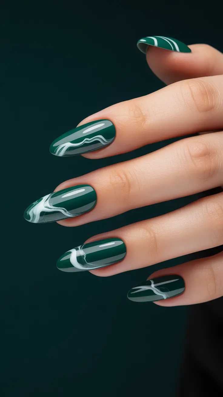 modern nail design 2026 Emerald Marble Waves