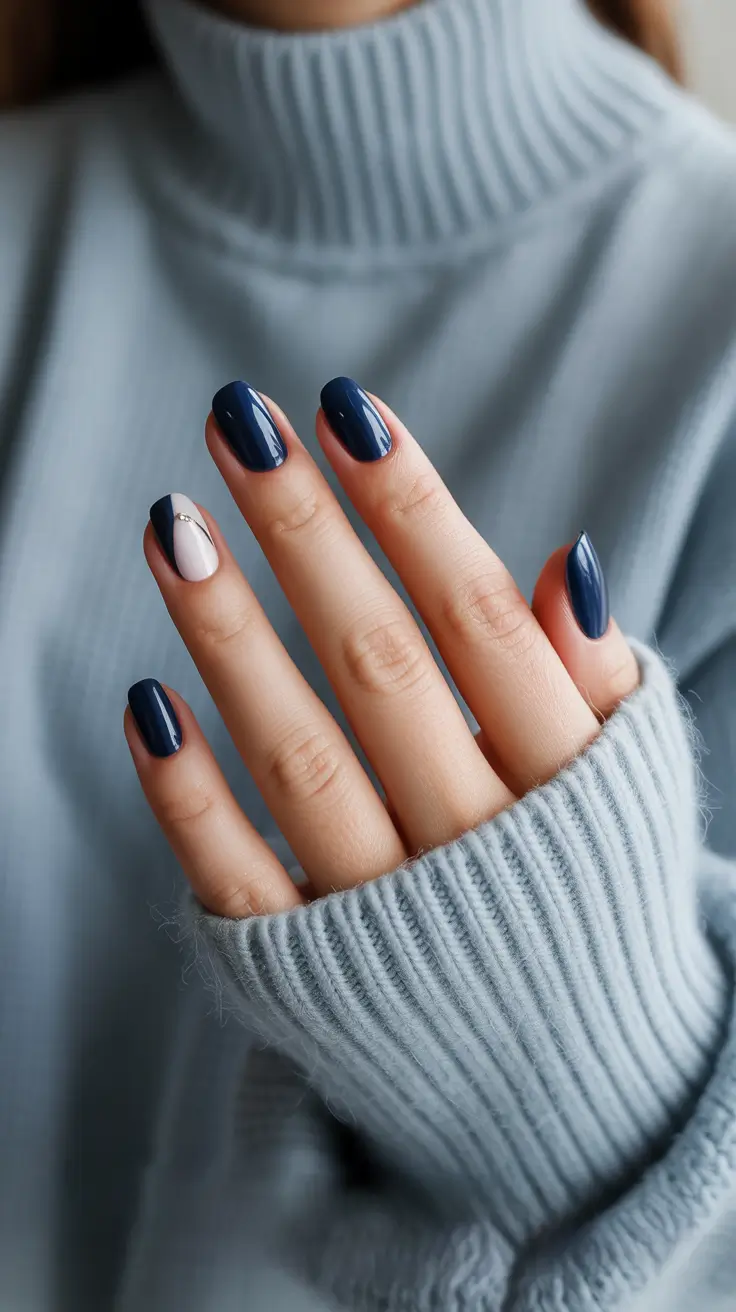 modern nail design 2026 Navy Minimalism With a Diagonal Accent