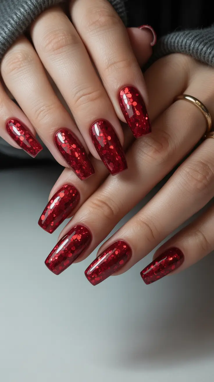 modern nail design 2026 Red Sequin Glamour