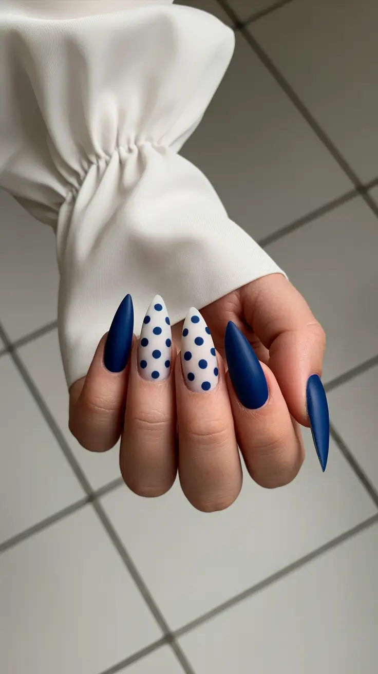 modern nail design 2026 Midnight Navy and Playful Polka Dots
