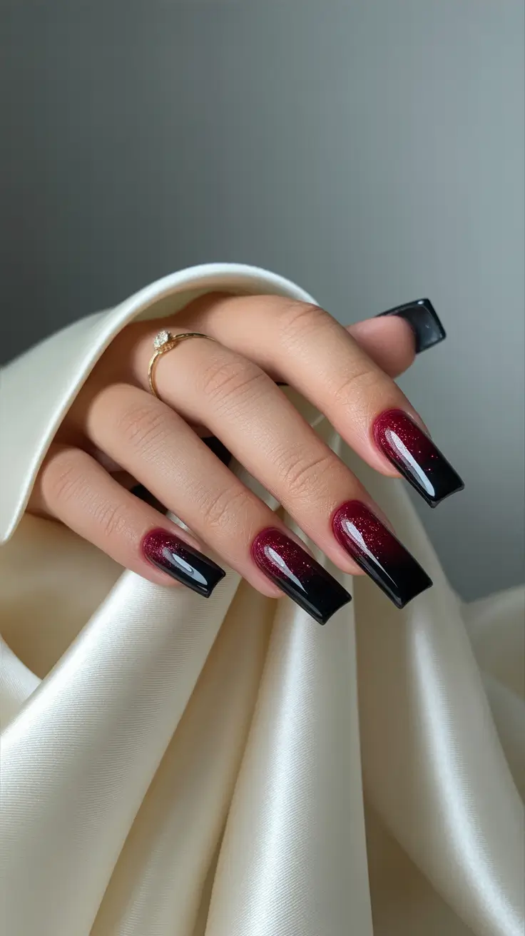 modern nail design 2026 Crimson-to-Black Luxe Ombre Drama