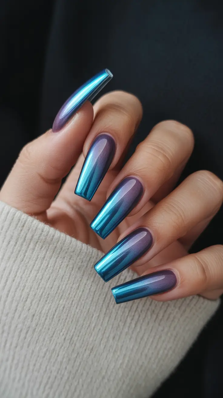 nail colors 2026 Violet-to-Blue Chrome Shift With Futuristic Shine