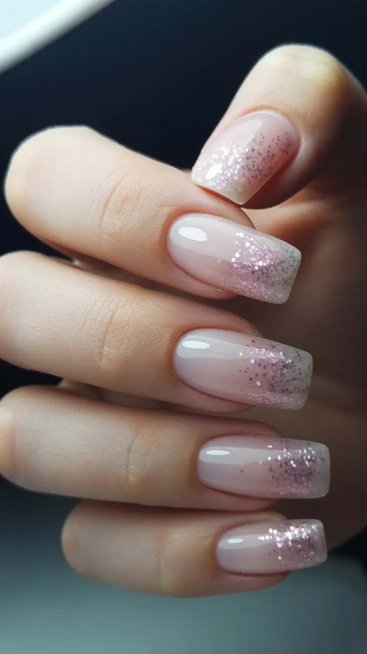 nail colors 2026 Soft Pink Baby Boomer Fade With Glittered Tips