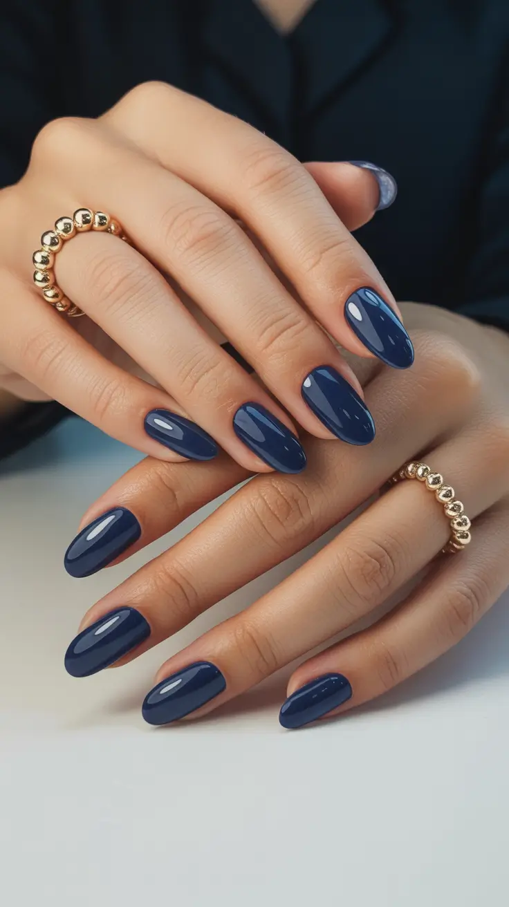 nail colors 2026 Midnight Navy Almonds With Polished Minimalism