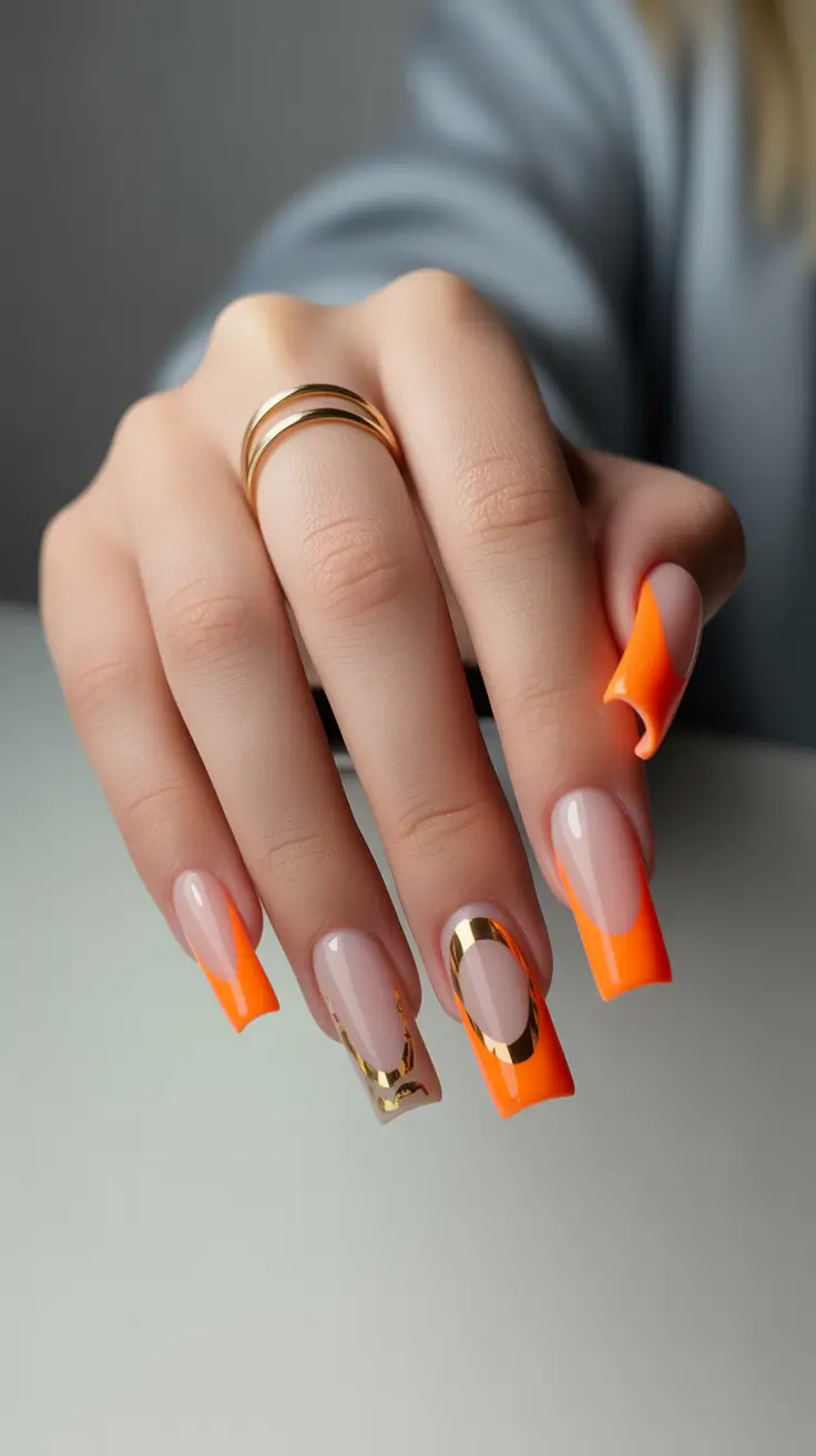 nail colors 2026 Electric Orange With Golden Chrome Accents