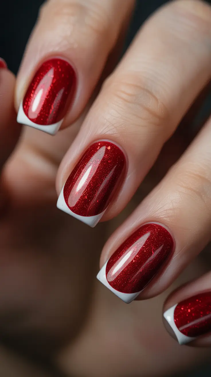 nail colors 2026 Ruby Glitter French Tips With Festive Spark