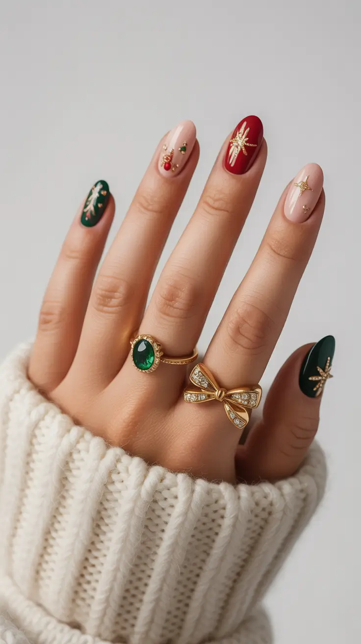 nail colors 2026 Festive Red and Green With Golden Spark Accents