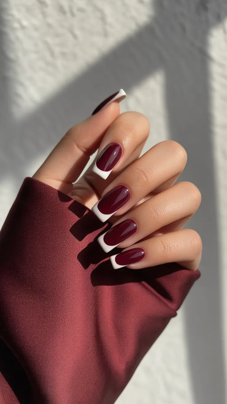 nail colors 2026 Wine-Red Gloss With a Crisp White French Accent