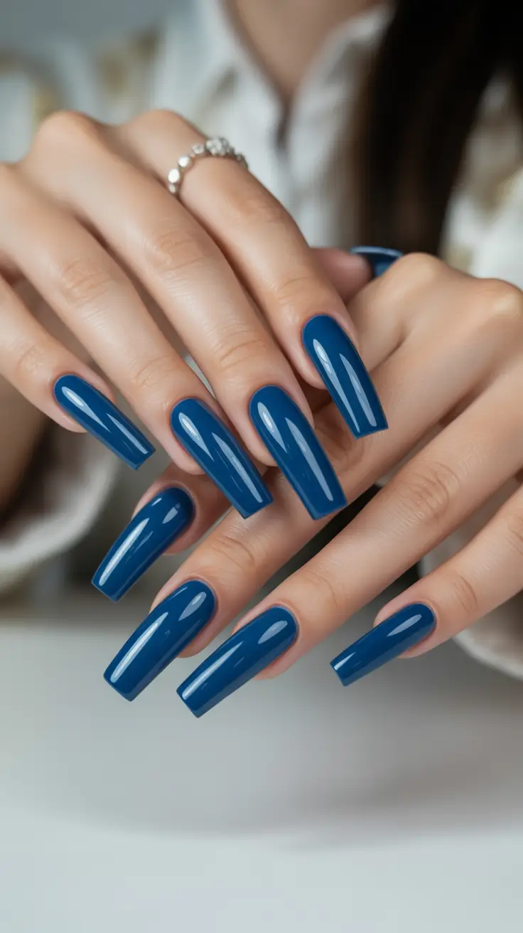 nail colors 2026 Denim-Inspired Blue in a Long Sculpted Shape