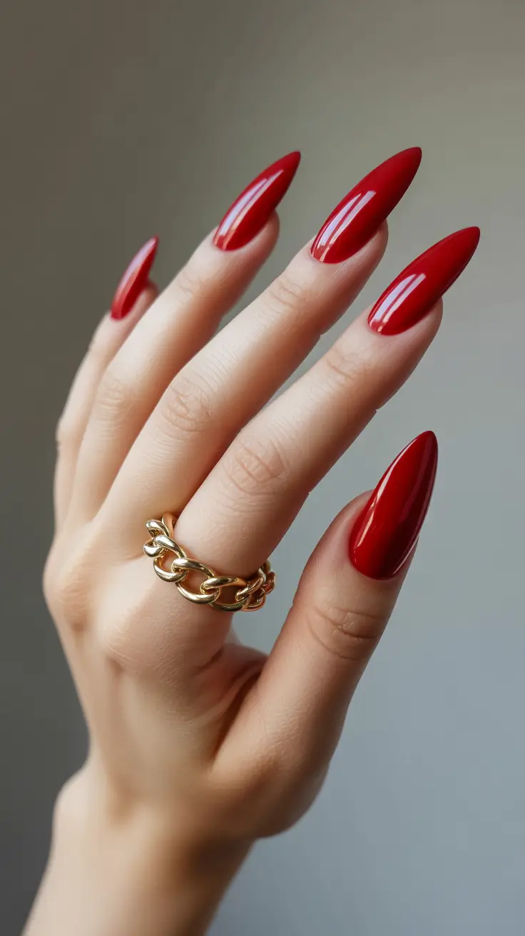 red nails 2026 Long Red Almonds With Gold Chain Aesthetic