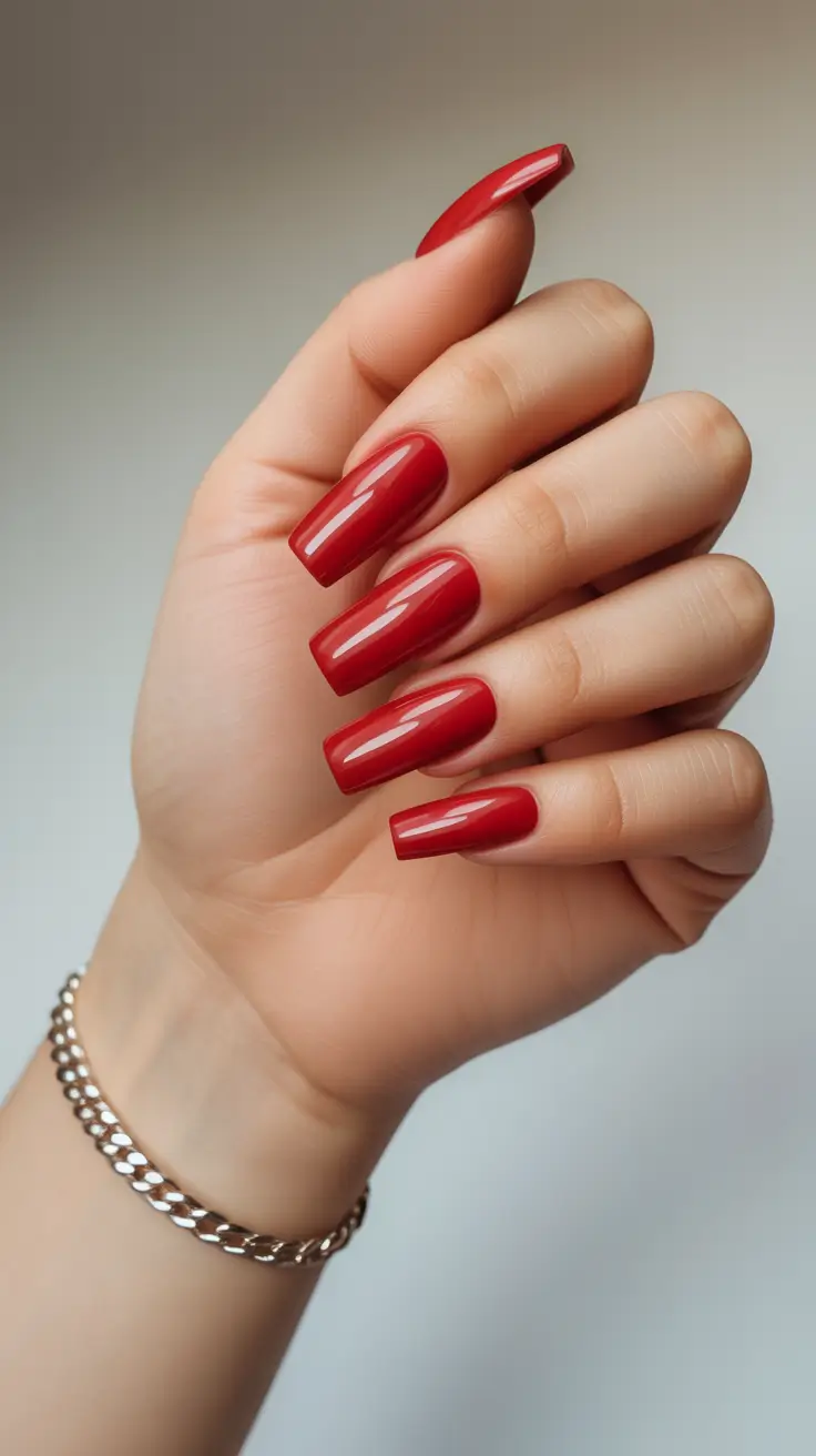 red nails 2026 Long Square Red Gloss -- Modern Minimal Power
