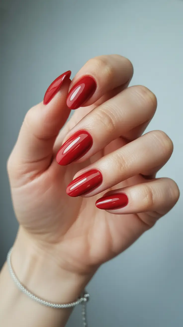 red nails 2026 Soft Almond Red Glow -- A Perfect Everyday Classic