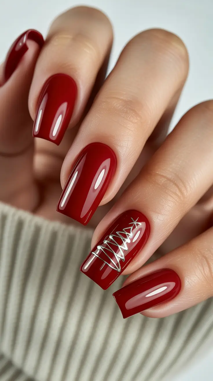 red nails 2026 Red Holiday Square With Metallic Tree Art