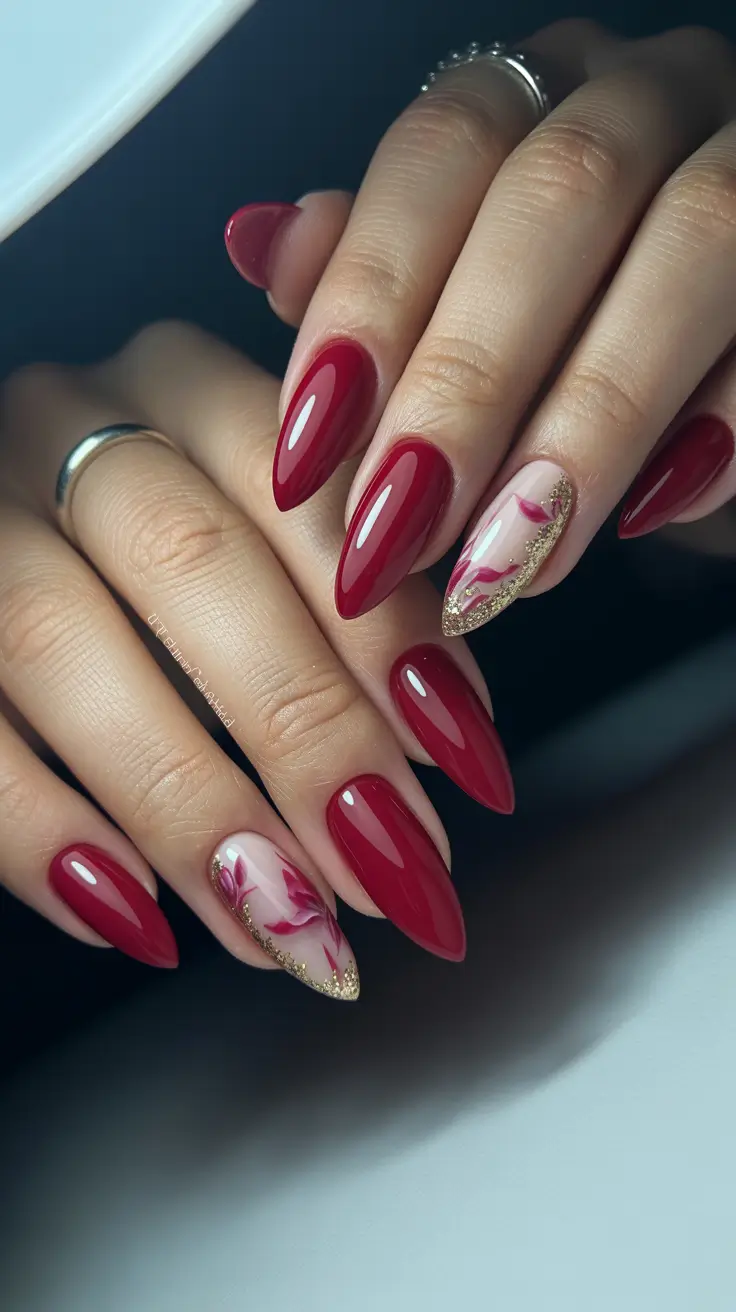 red nails 2026 Almond Red With Gold-Tipped Florals