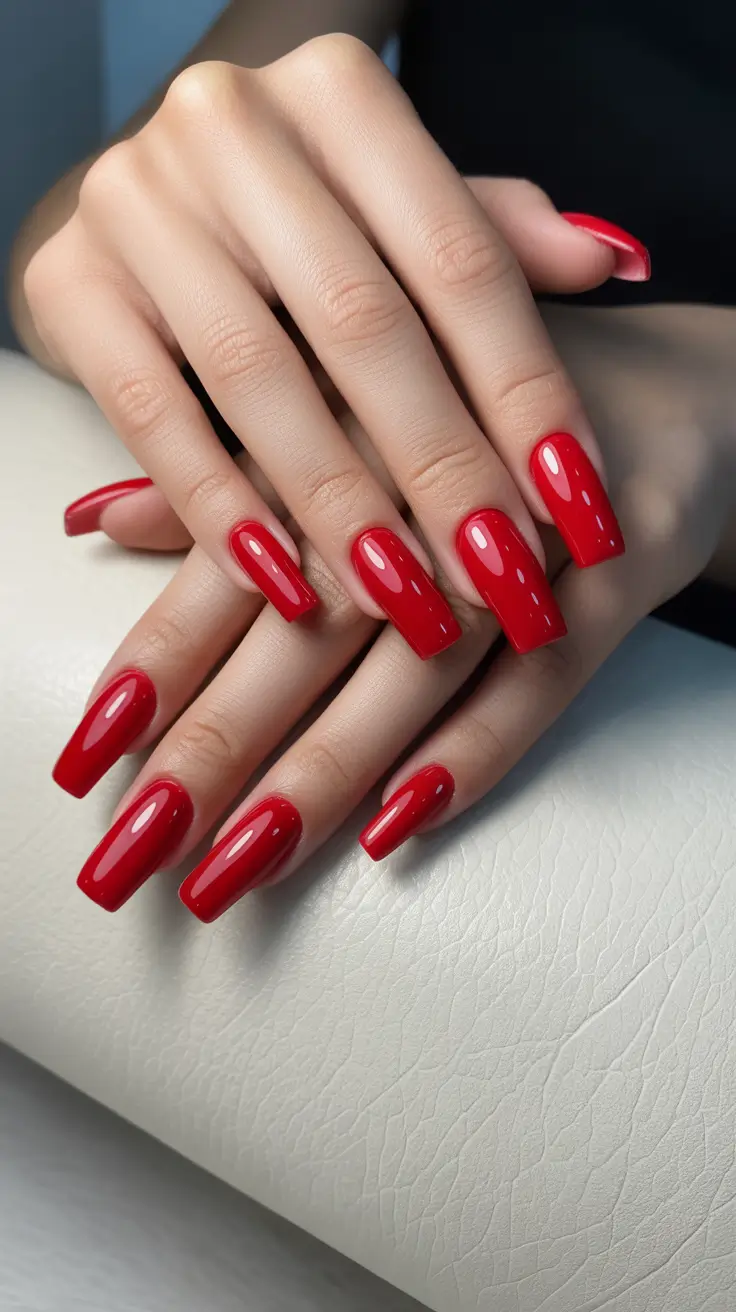 red nails 2026 Extra-Glossy Long Red Squares -- Perfectly Sculpted Drama