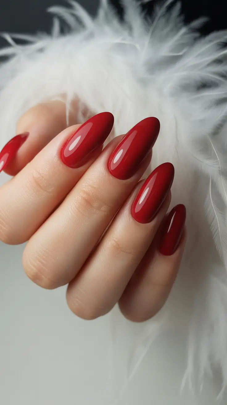 red nails 2026 Soft Almond Red With Featherlight Shine