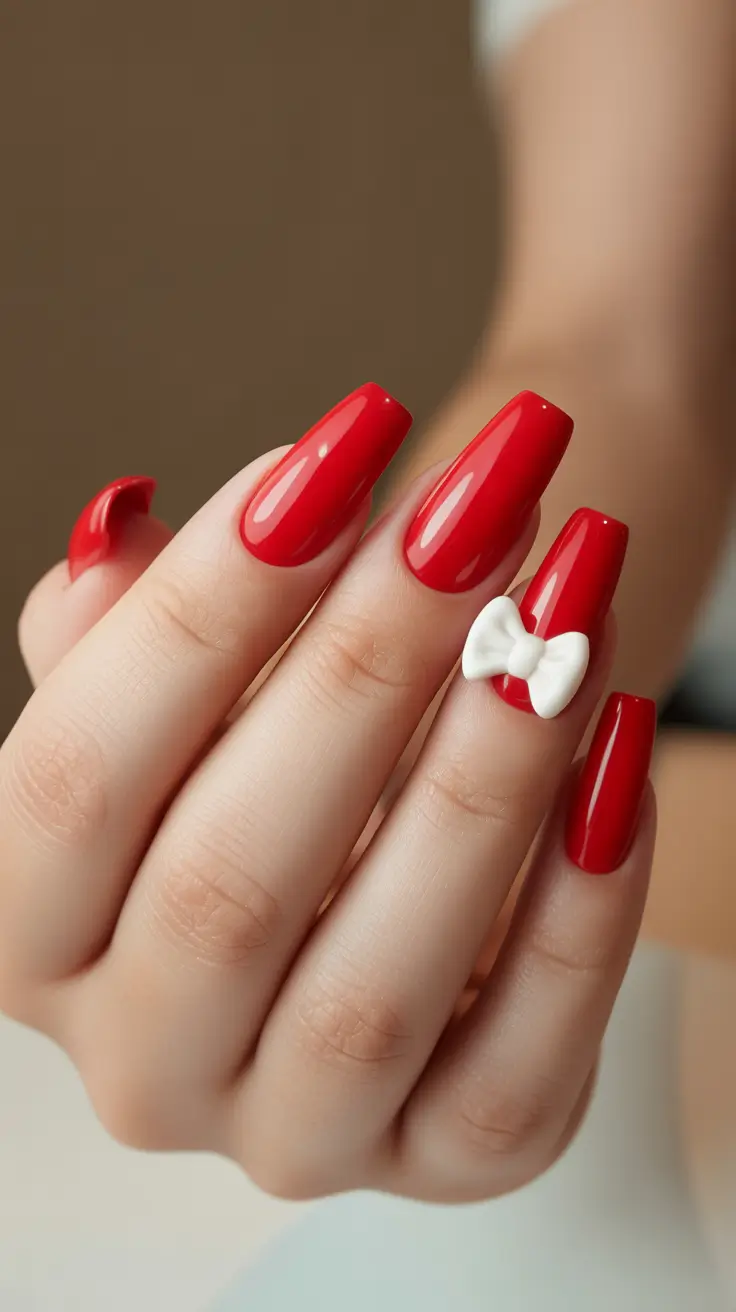 red nails 2026 Red Squares With a Cute White Bow Accent