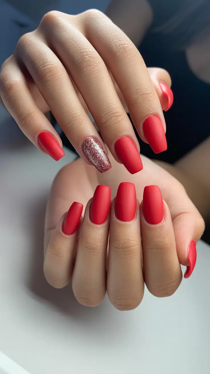 red nails 2026 Matte Red Squares With Glitter Accent