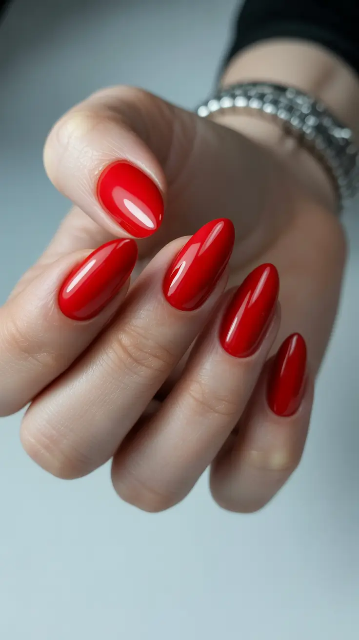 red nails 2026 Glossy Almond Red -- Bright, Clean, and Perfectly Sculpted