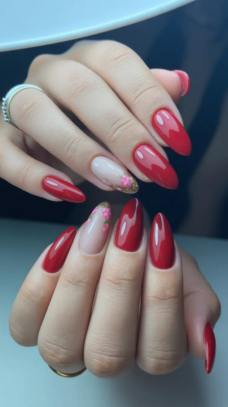 red nails 2026 Red Almonds With Gold and Floral Art