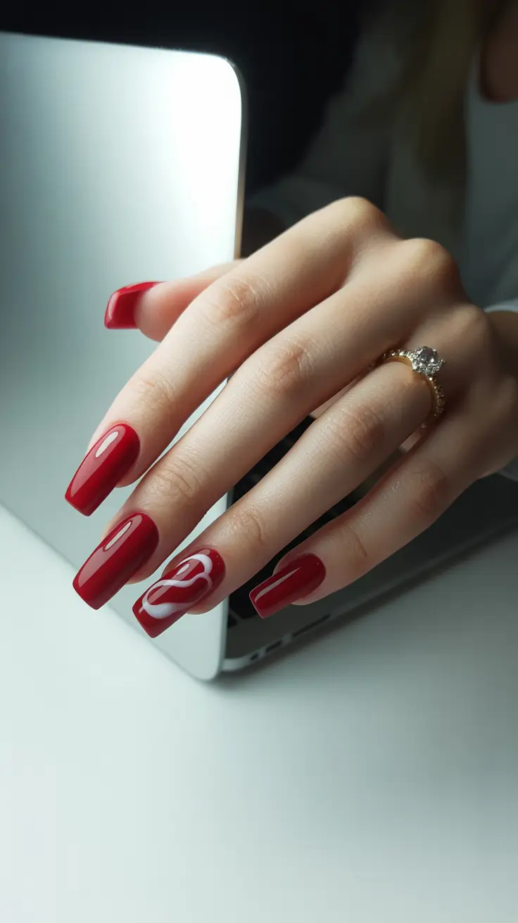 red nails 2026 Square Red With Soft White Wave Accent