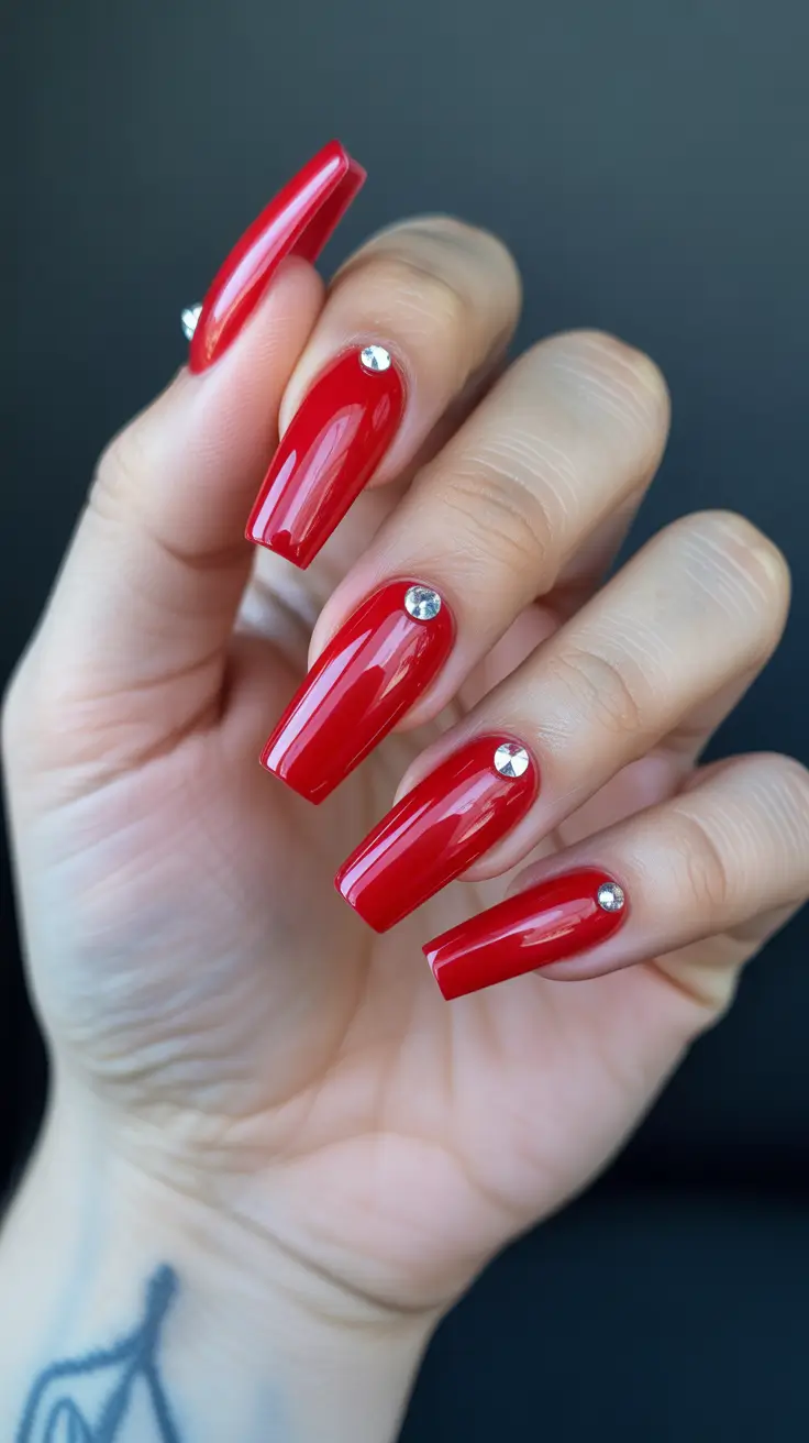 red nails 2026 Red Squares With Minimal Crystal Studs