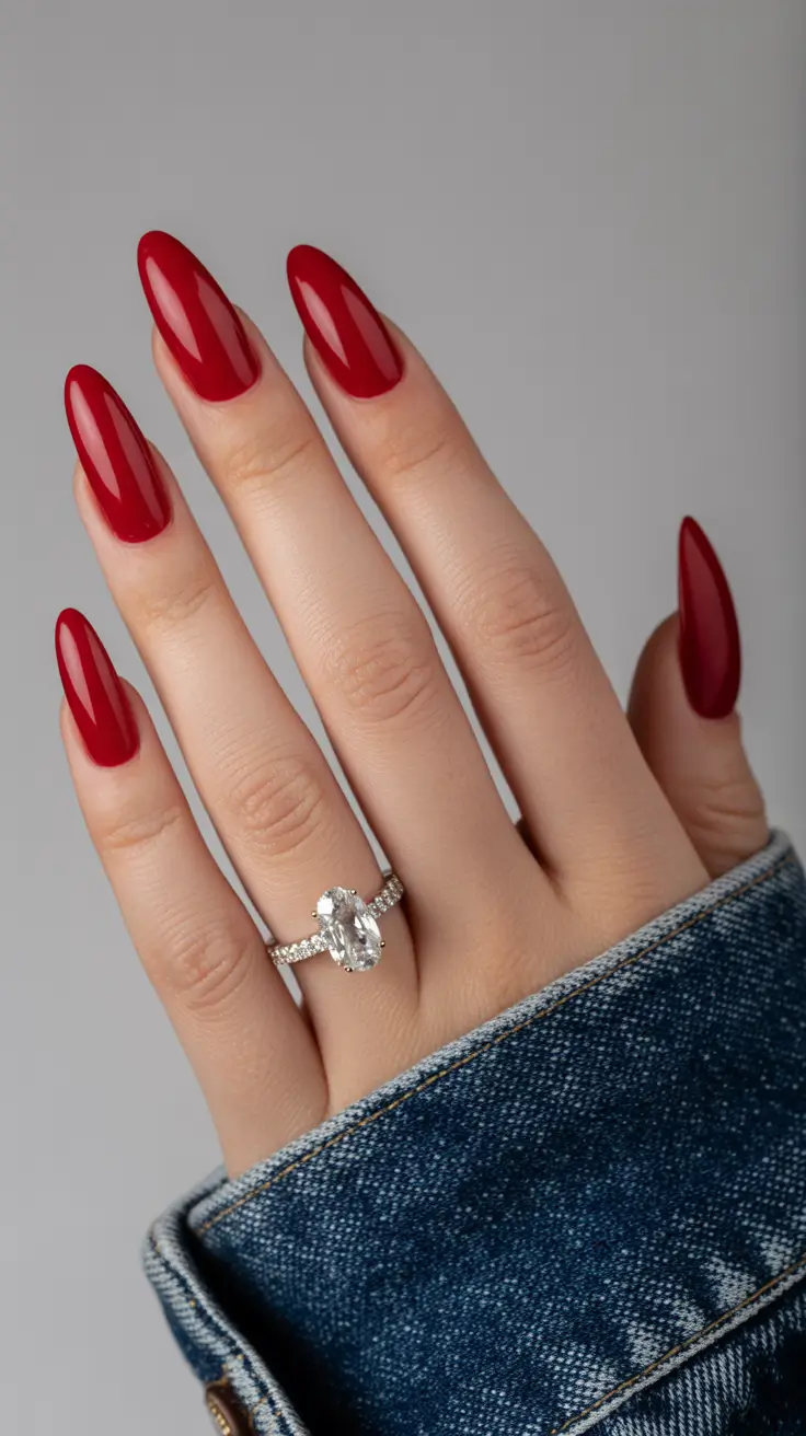red nails 2026 Classic Scarlet Almonds With High Gloss