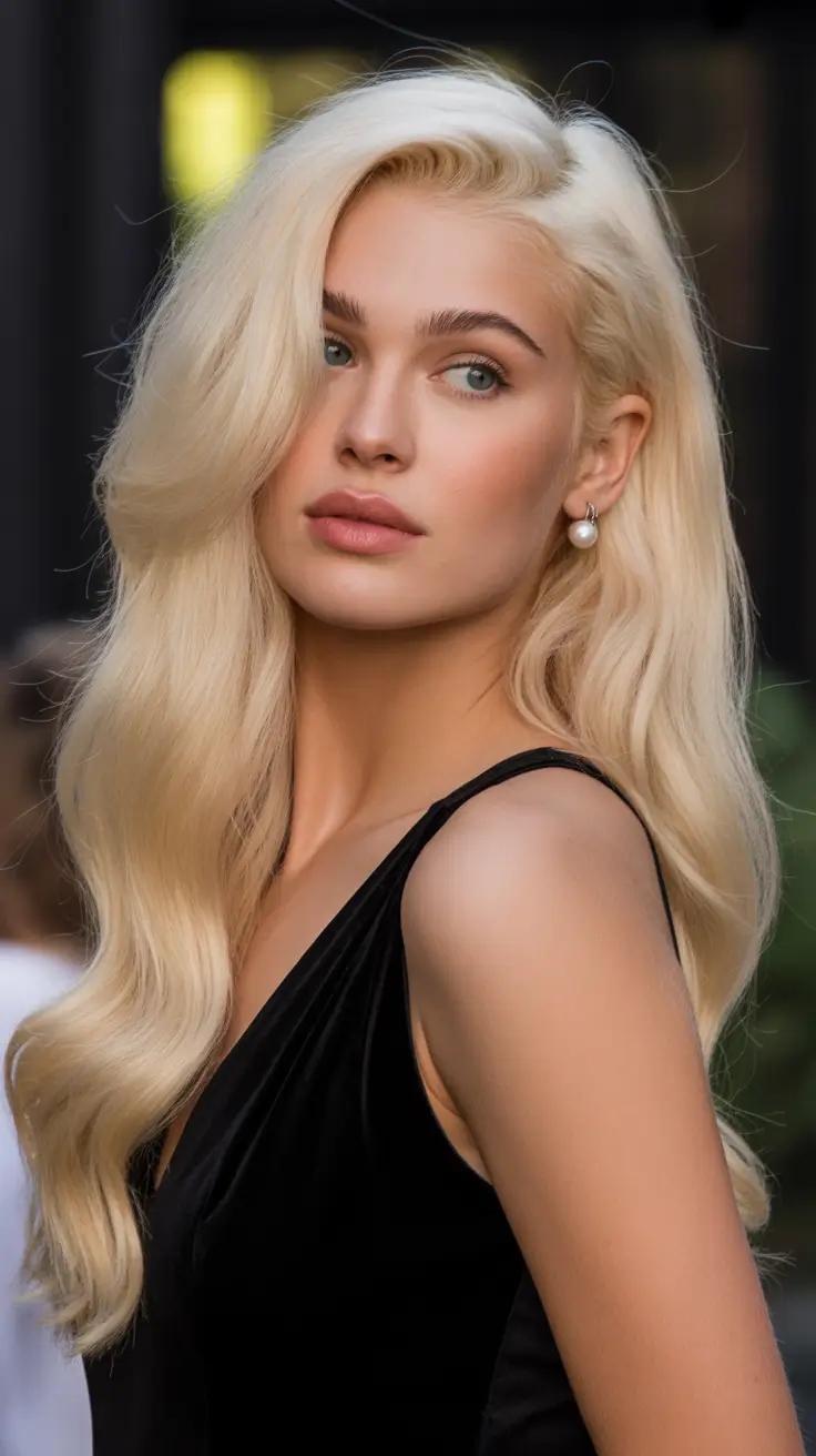 spring blonde hair color ideas 2026 Hollywood Cream-Blonde Waves with Modern Elegance
