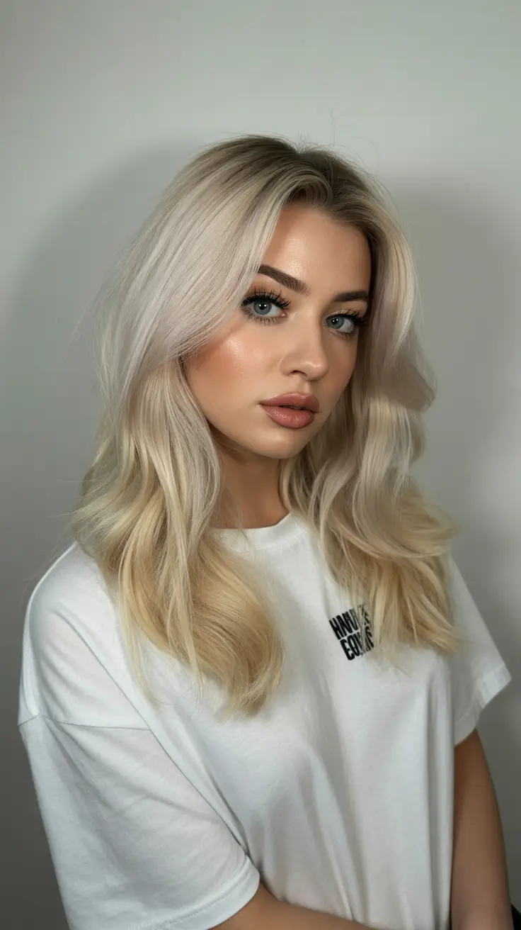 spring blonde hair color ideas 2026 Rooted Cloud-Blonde with Soft Diffused Waves