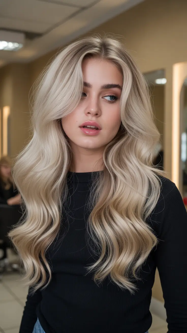 spring blonde hair color ideas 2026 Long Platinum Waves with Silky Volume