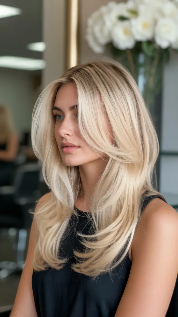 spring blonde hair color ideas 2026 Weightless Flicked Layers in Soft Gold-Beige Blonde