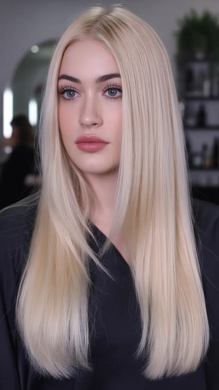 spring blonde hair color ideas 2026 Ultra-Sleek Cream Blonde with Polished Length