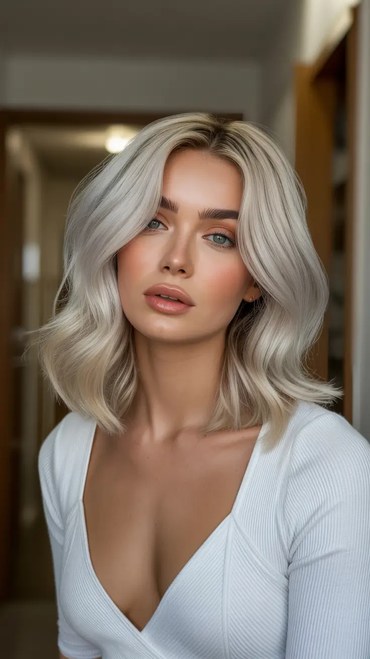 spring blonde hair color ideas 2026 Silver-Pearl Wavy Bob with Soft Metallic Sheen