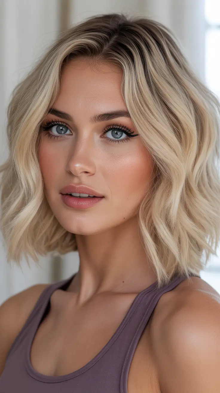 spring blonde hair color ideas 2026 Soft Beach-Wave Bob in Honeyed Vanilla Blonde