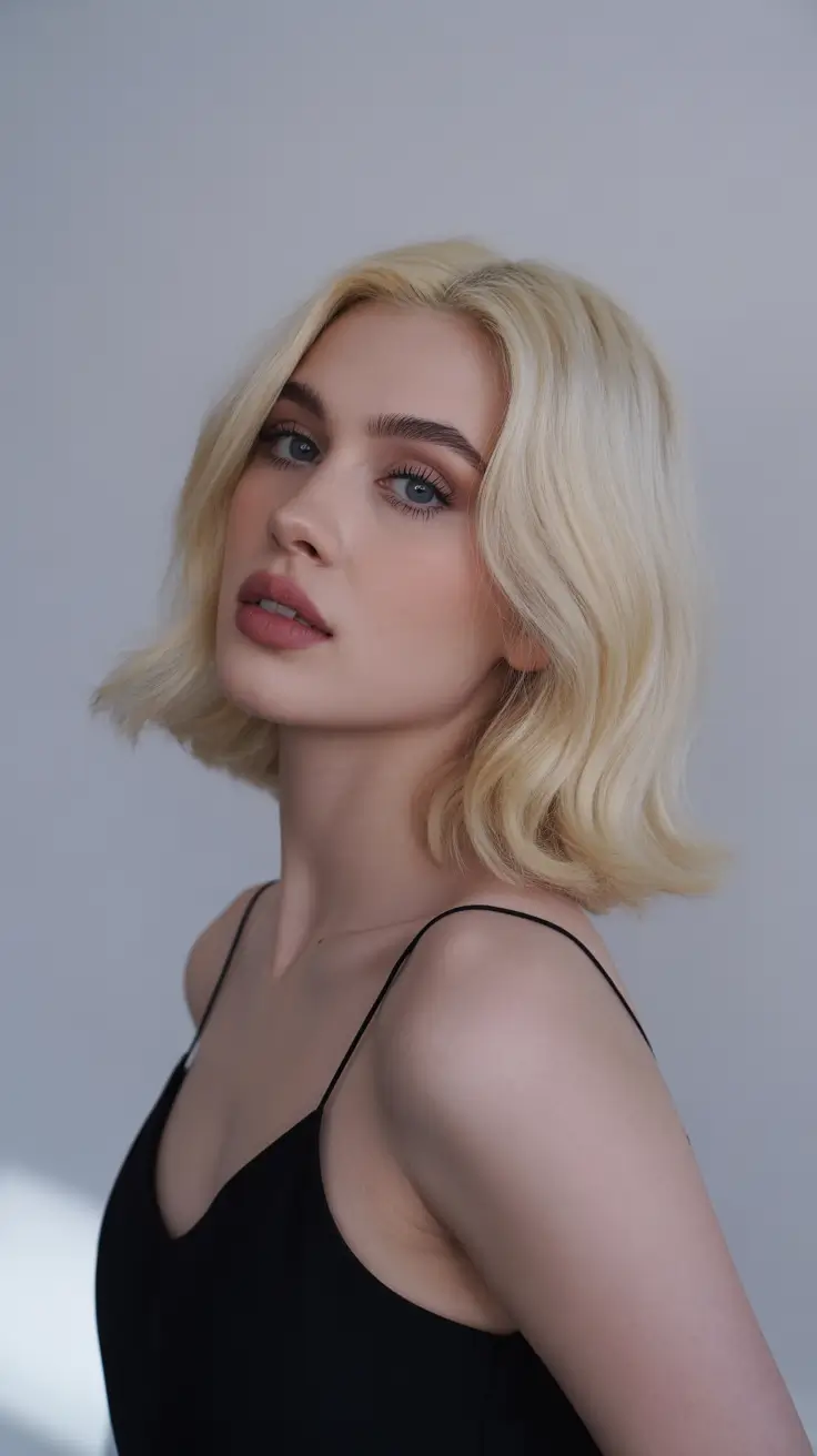 spring blonde hair color ideas 2026 Classic Soft-Gold Wavy Bob with Subtle Warmth